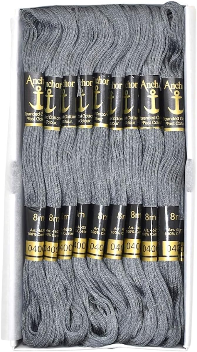 Anchor Floss Stranded Cotton Thread Assorted Skeins Stitch Kit, Embroidery Thread, Anchor Thread 8Mtr (Fast Colour, 25 Skeins 1 Box) (Grey 400)