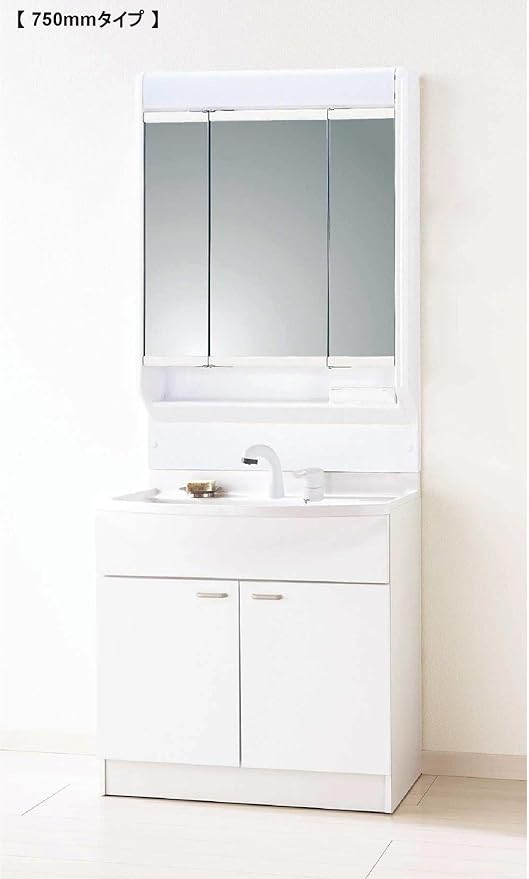 Amazon ファーストプラス 洗面化粧台 Mシリーズ 幅750 色 ホワイト 蛍光灯三面鏡 洗面台