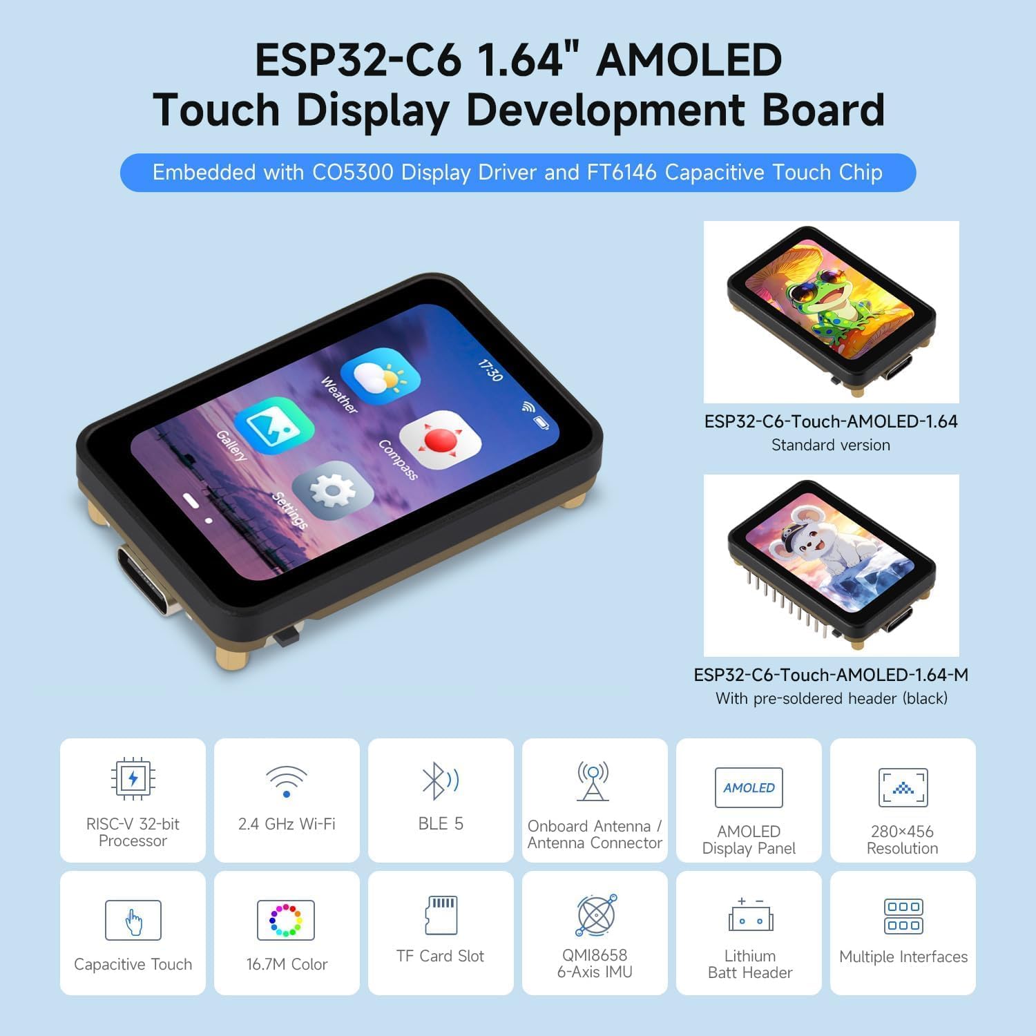 ESP32-C6 1.64inch AMOLED Touch Display Development Board, 280 × 456 Resolution, 16.7M Color, QSPI Interface, Supports Wi-Fi 6 and BLE 5 @XYGStudy (ESP32-C6-Touch-AMOLED-1.64)