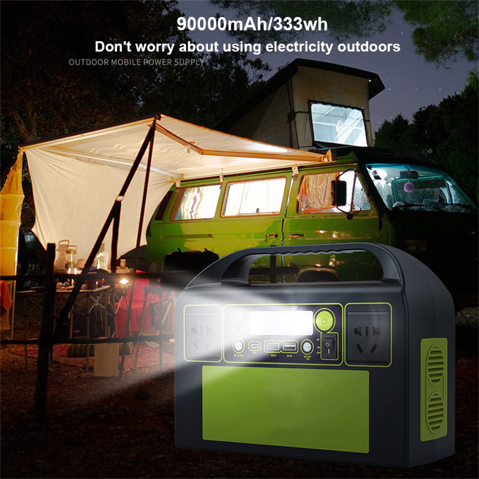 Generatore portatile con batteria da 333 Wh, stazione di alimentazione portatile, generatore esterno da 300 W a 6 porte con 2 prese CA, uscita USB-C PD da 25 W, luce LED, per campeggio, camper, inte