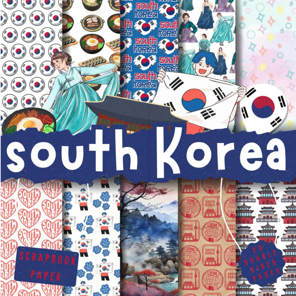 South Korea scrapbook paper, 8.5x8.5, 10 Designs, 20 Double-Sided Sheets: Travel Scrapbooking Paper for Junk Journals, Decorative craft Paper for ... & Mixed Media, Origami, Collage & Card Making