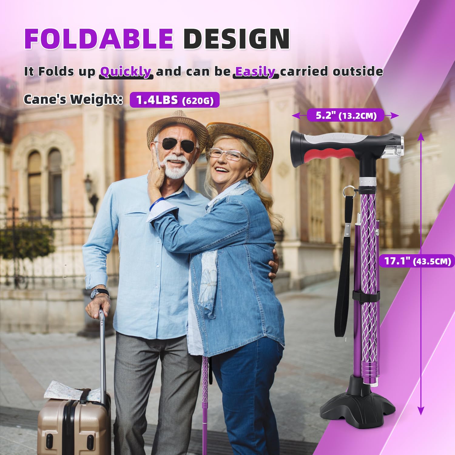 BigAlex Bastón Ligero con Doble Luz LED para Mayores, Plegable y Altura Ajustable, Base Cuádruple Antideslizante, Bastón de Senderismo para Hombre y Mujer, Ayuda para Caminar y Levantarse