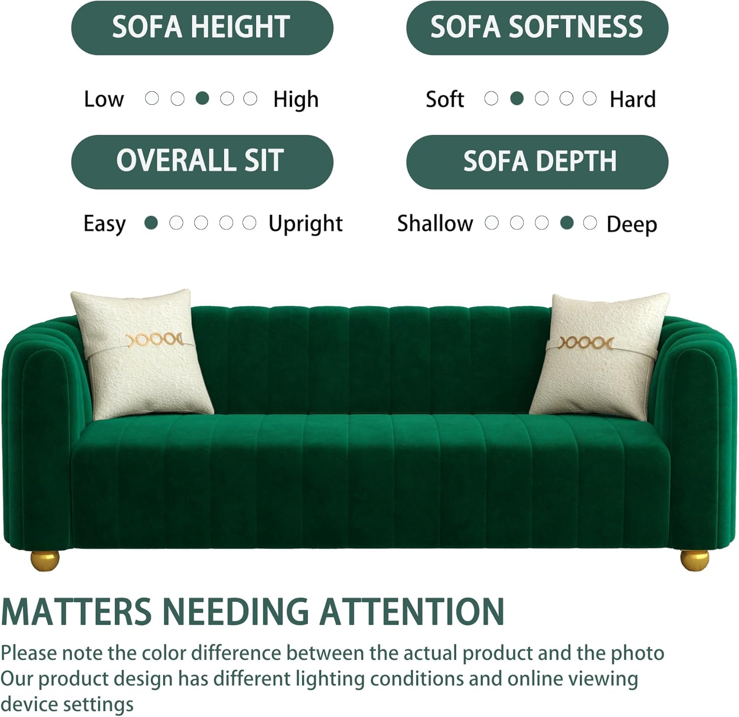 83" Green Velvet Couch for Living Room Mid Century Modern Couches Metal Round Feet Elegant Comfy Couches Velvet Loveseat 3 Seater Apartment Sofa Modern Couch for Bedroom Office 03-green-53