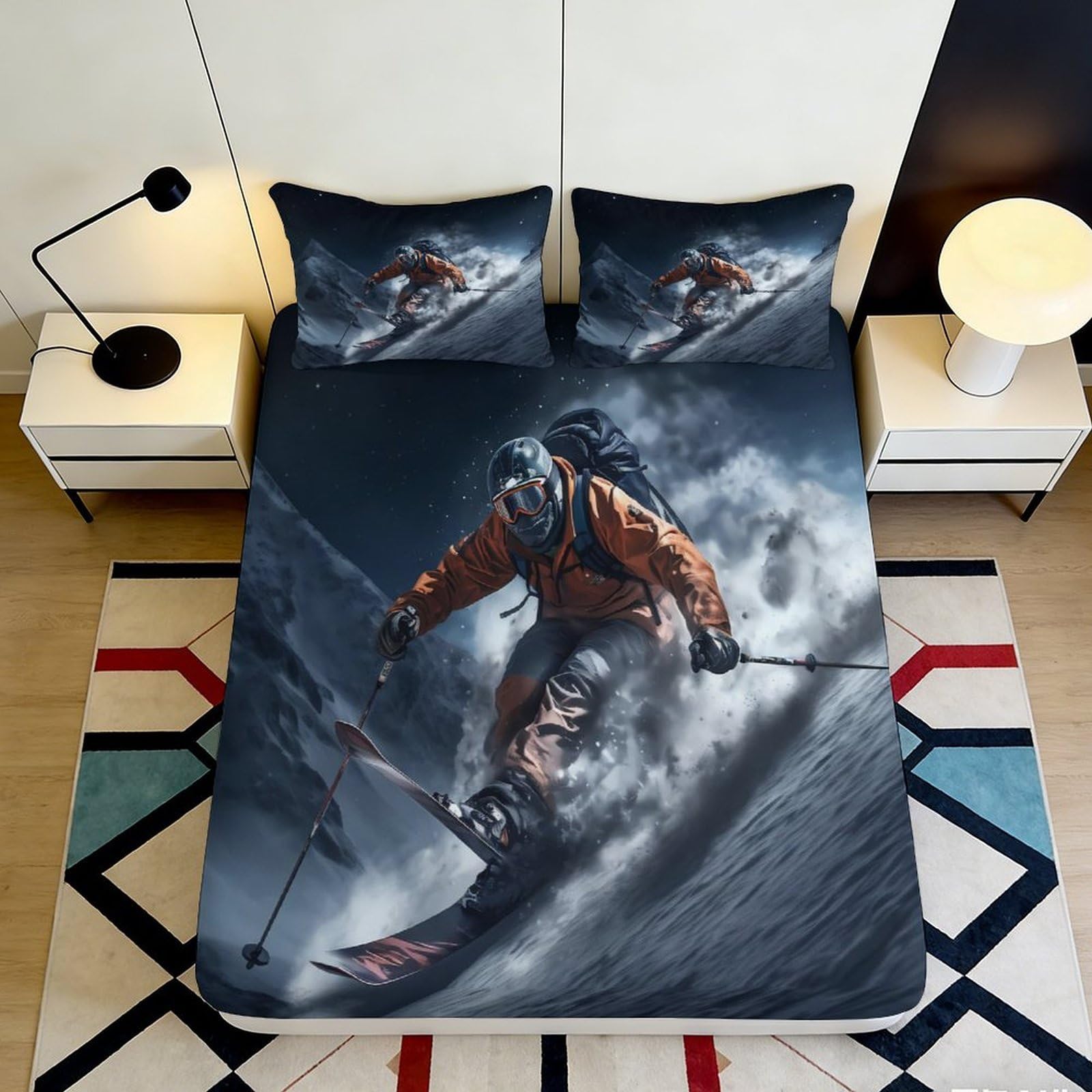 3D Printed Ski Adventure Fitted Sheet Microfiber Soft Breathable Snow Mountain Bed Cover for Bedroom Guestroom Decor 160x200x25cm