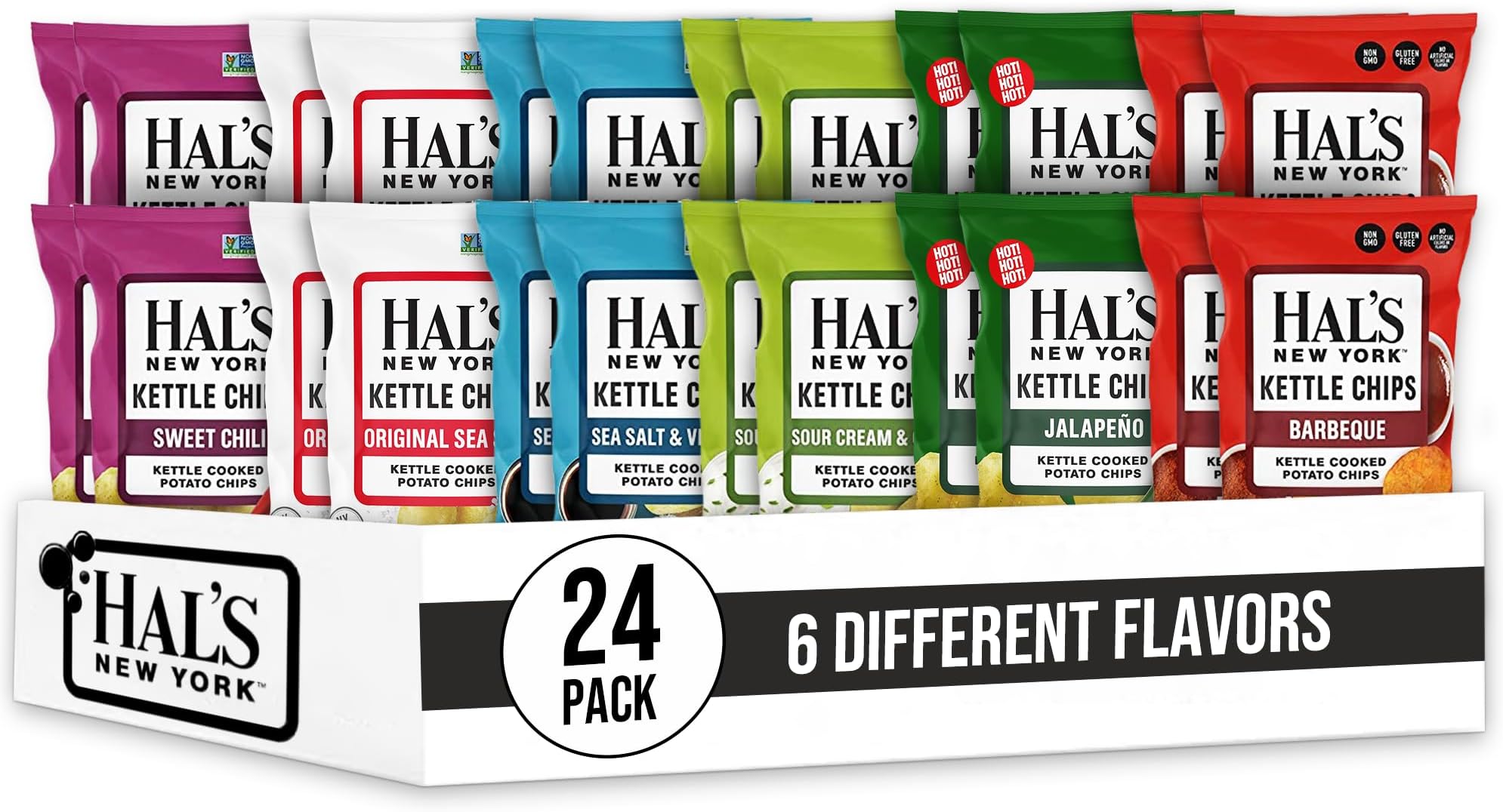 Hal's New York Kettle Cooked Potato Chips, Variety Pack, 6 Flavors, 2 Oz (Pack of 24)