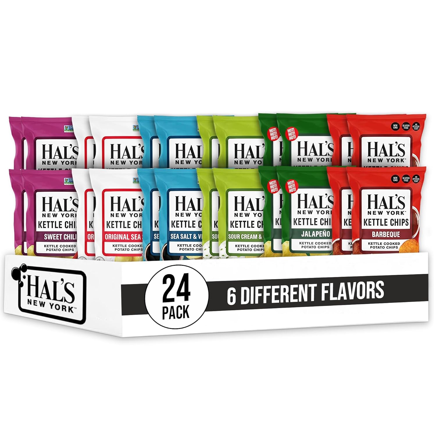 Hal's New York Kettle Cooked Potato Chips, Variety Pack, 6 Flavors, 2 Oz (Pack of 24)