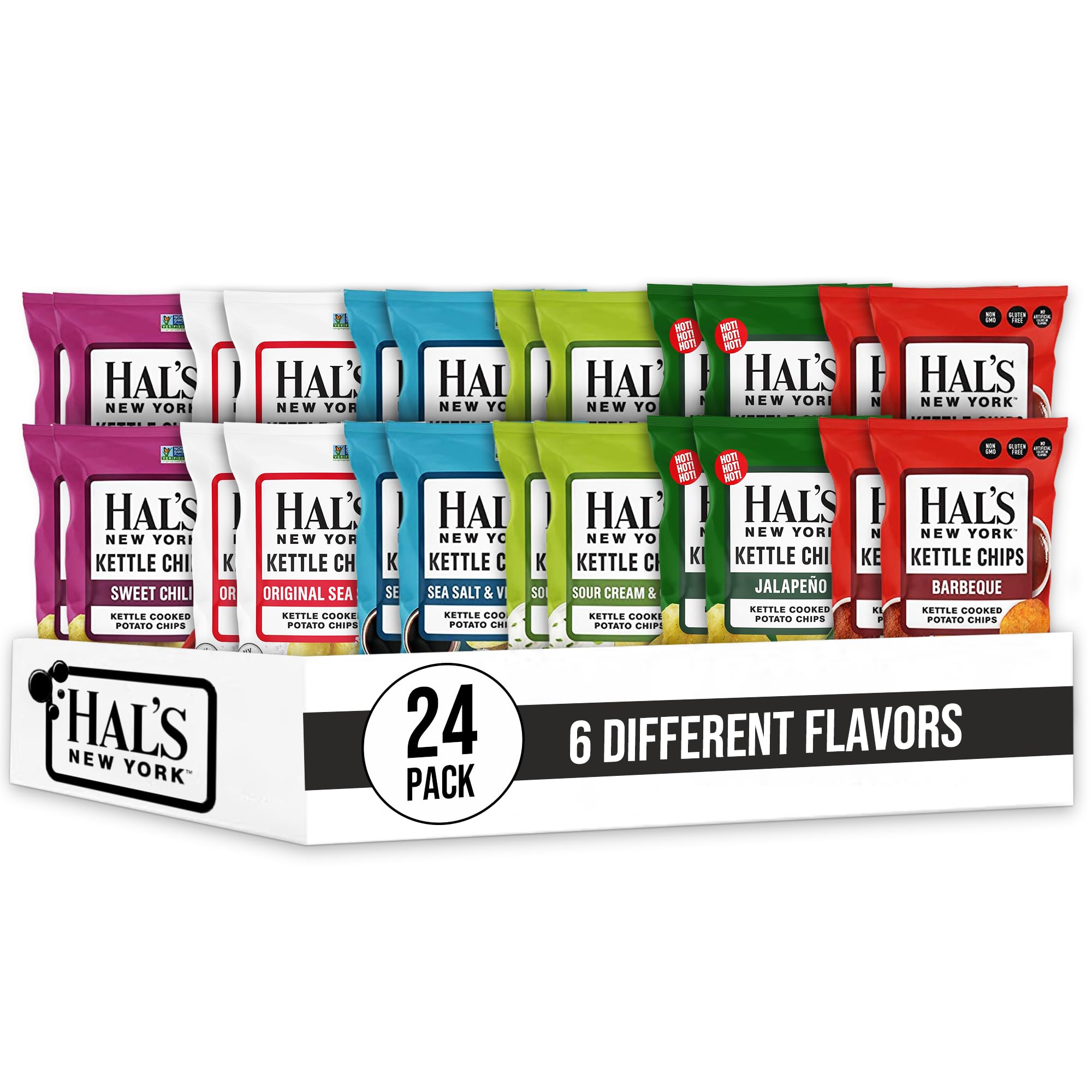 Hal's New York Kettle Cooked Potato Chips, Variety Pack, 6 Flavors, 2 Oz (Pack of 24)