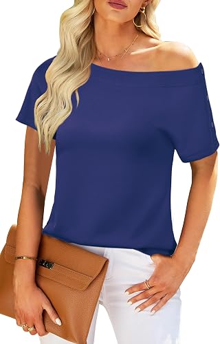 Newshows Off the Shoulder Tops for Women Wrinkle-Free Button Short Sleeve Casual