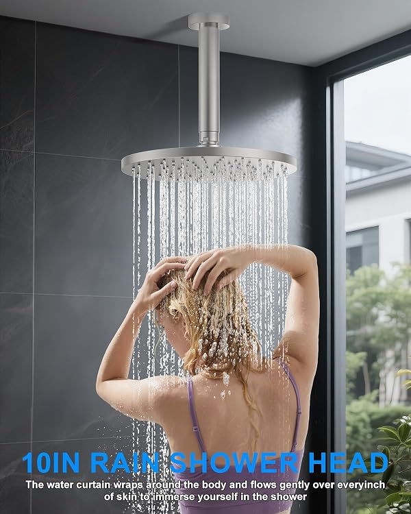 Shower System with Pressure Balance Valve, 10" Ceiling Mount Shower Faucet Set with 2 Rain Head and Multi-function Handheld Push Button Diverter Valve Kit,Brushed Nickel by Woindo - Used condition - Image 2