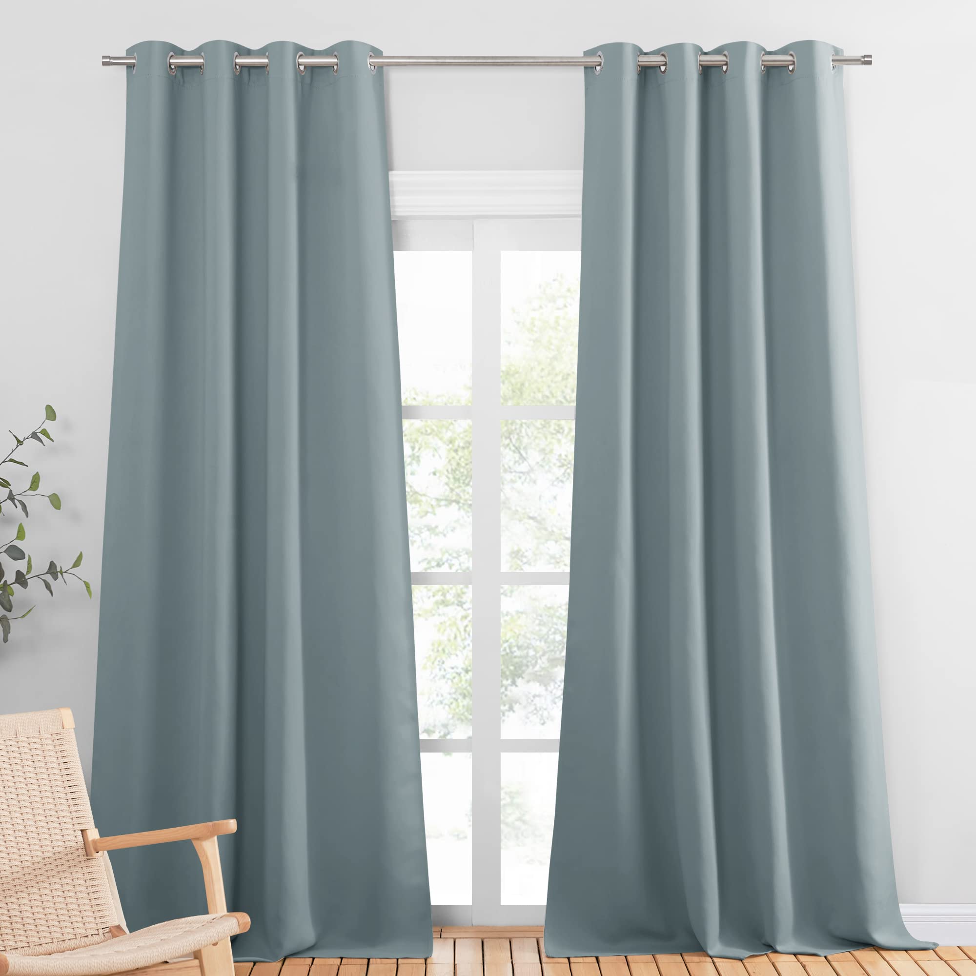 PONY DANCE - Set di 2 tende oscuranti per soggiorno, con occhielli, termiche, termoisolanti, altezza 245 cm x larghezza 140 cm, colore: grigio/blu