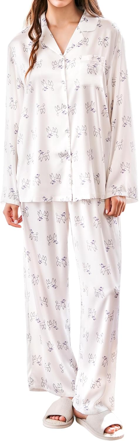 Satin Pajama Set for Women 2 Piece Long Sleeve Button Up Silky PJ Sets Loungewear Soft Satin Sleepwear with Pocket