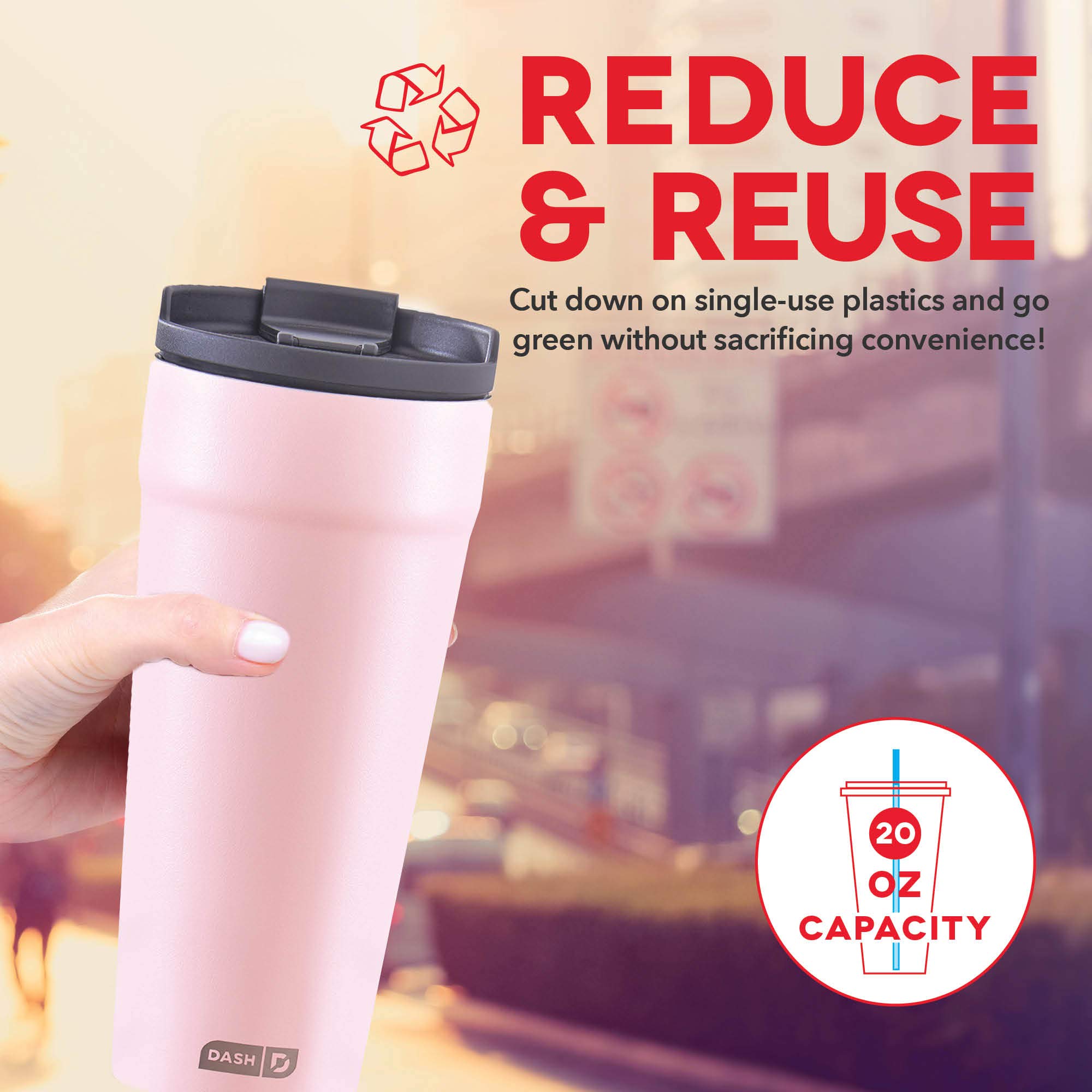 DASH Bicchiere da 590 ml con coperchio a prova di fuoriuscite e cannuccia, tazza da caffè isolata sottovuoto, tazza da viaggio a doppia parete verniciata a polvere, rosa