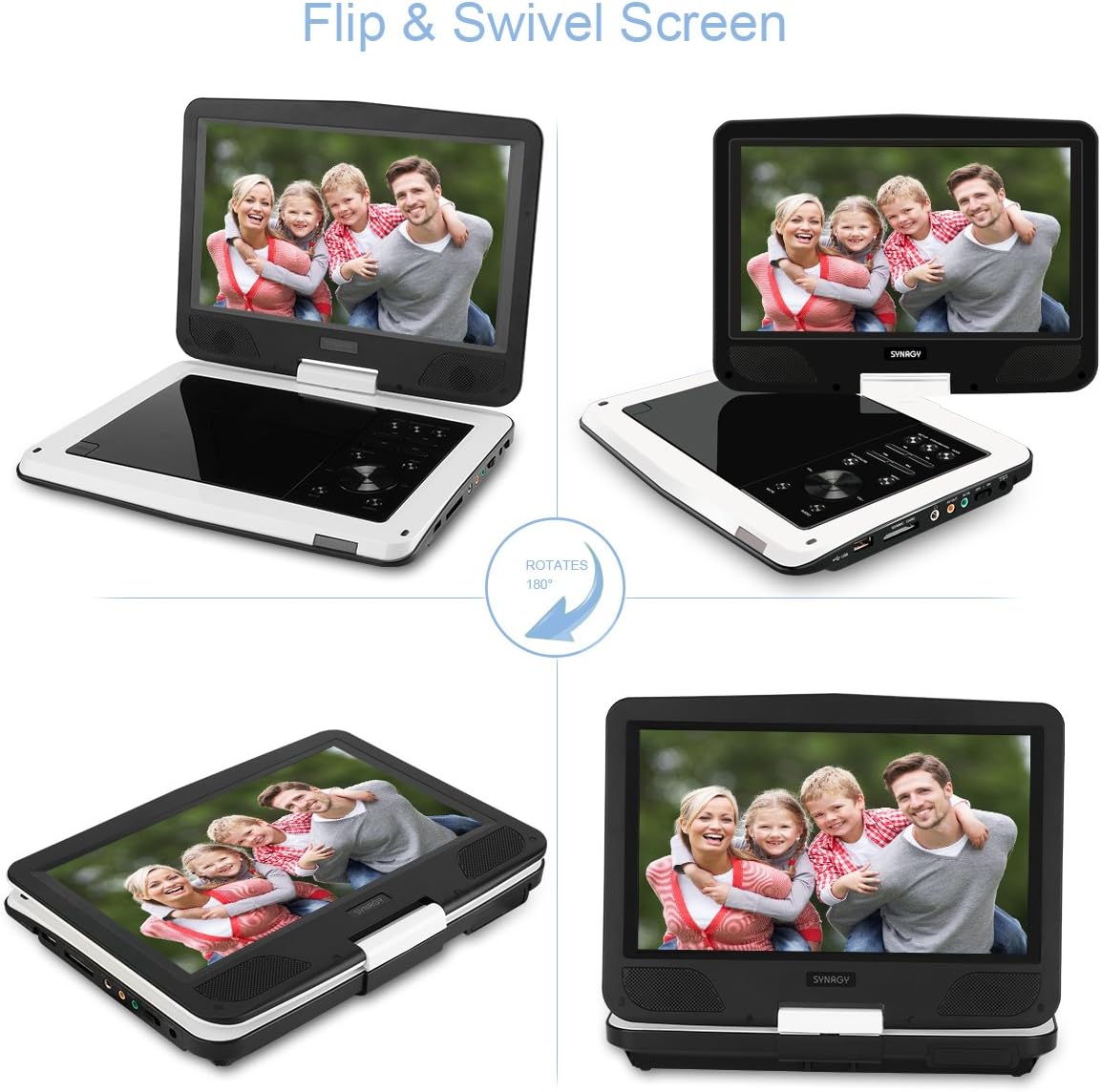 SYNAGY 10.1" Portable DVD Player CD Player with Swivel Screen Remote Control Rechargeable Battery Car Charger Wall Charger, Personal DVD Player(White)