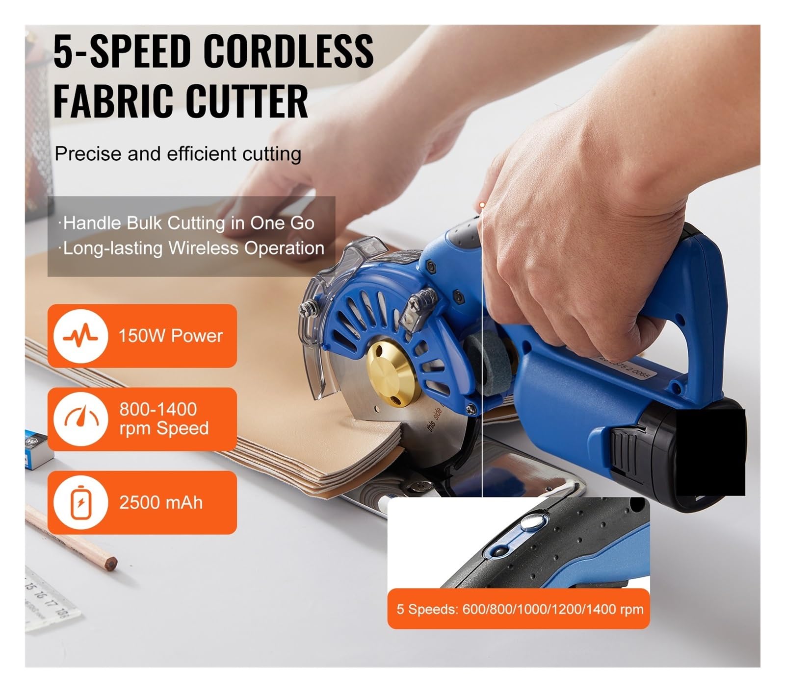 Cortador de tela de 150W, cortadora de tela rotativa eléctrica inalámbrica de 5 velocidades, cuchillo octogonal de espesor de corte de 1,1"