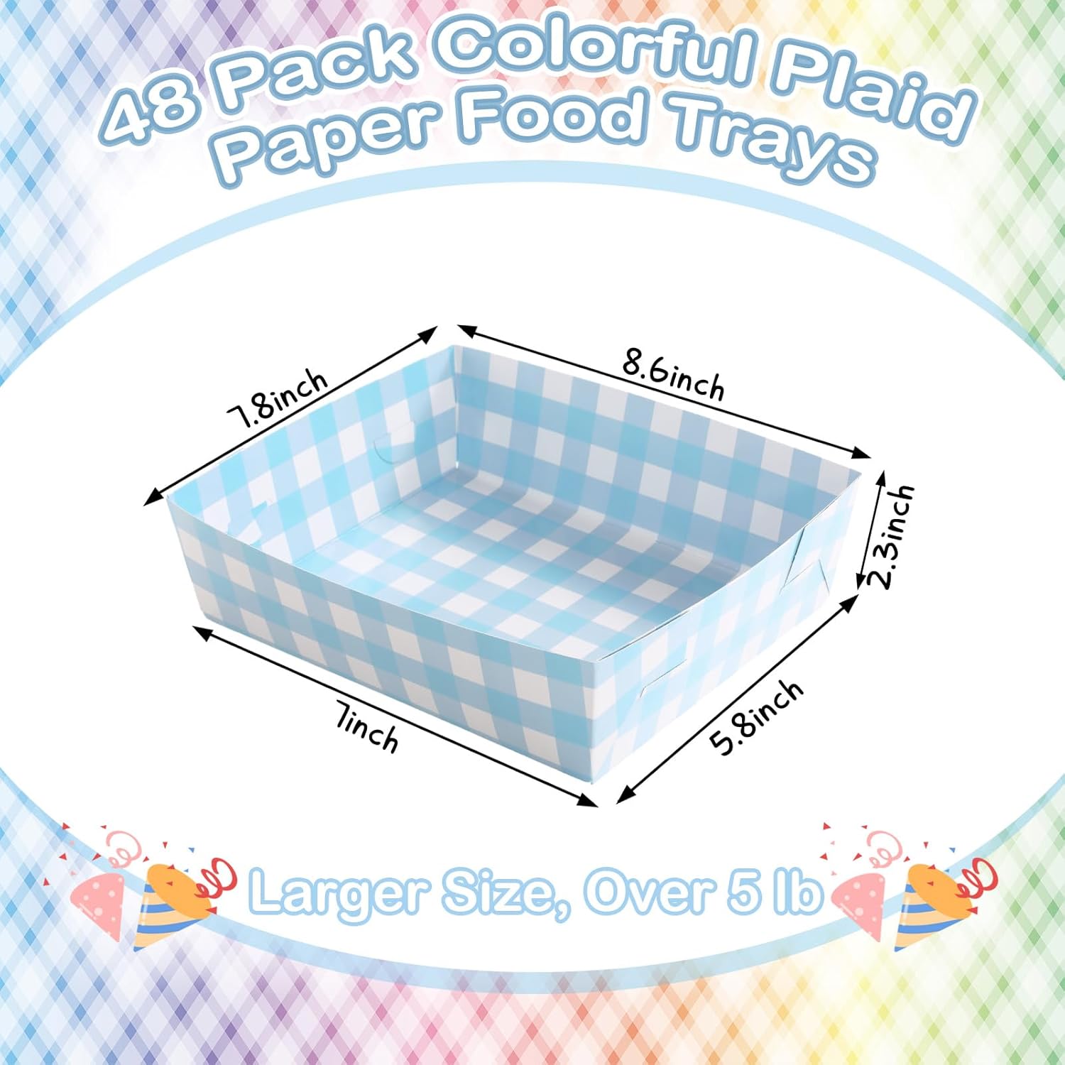 Suclain 48 Pack Light Blue and White Gingham Paper Trays 5 lb Grease Resistant Large Snack Serving Trays Disposable Food Boats for Christmas Party Baby Shower Supplies