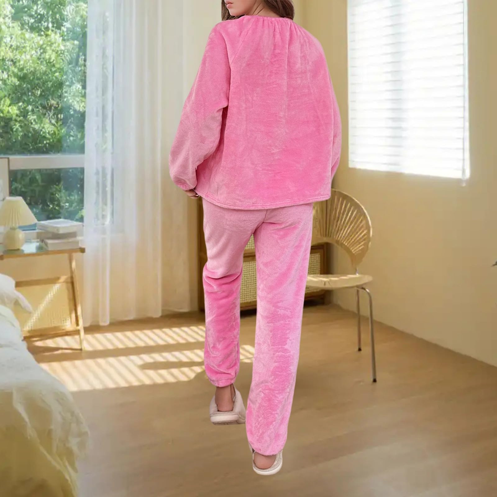 Generisch 2026 Pijama de franela de manga larga con detalle de lazo Pantalones suaves, acogedor traje de dormir de invierno de dos piezas