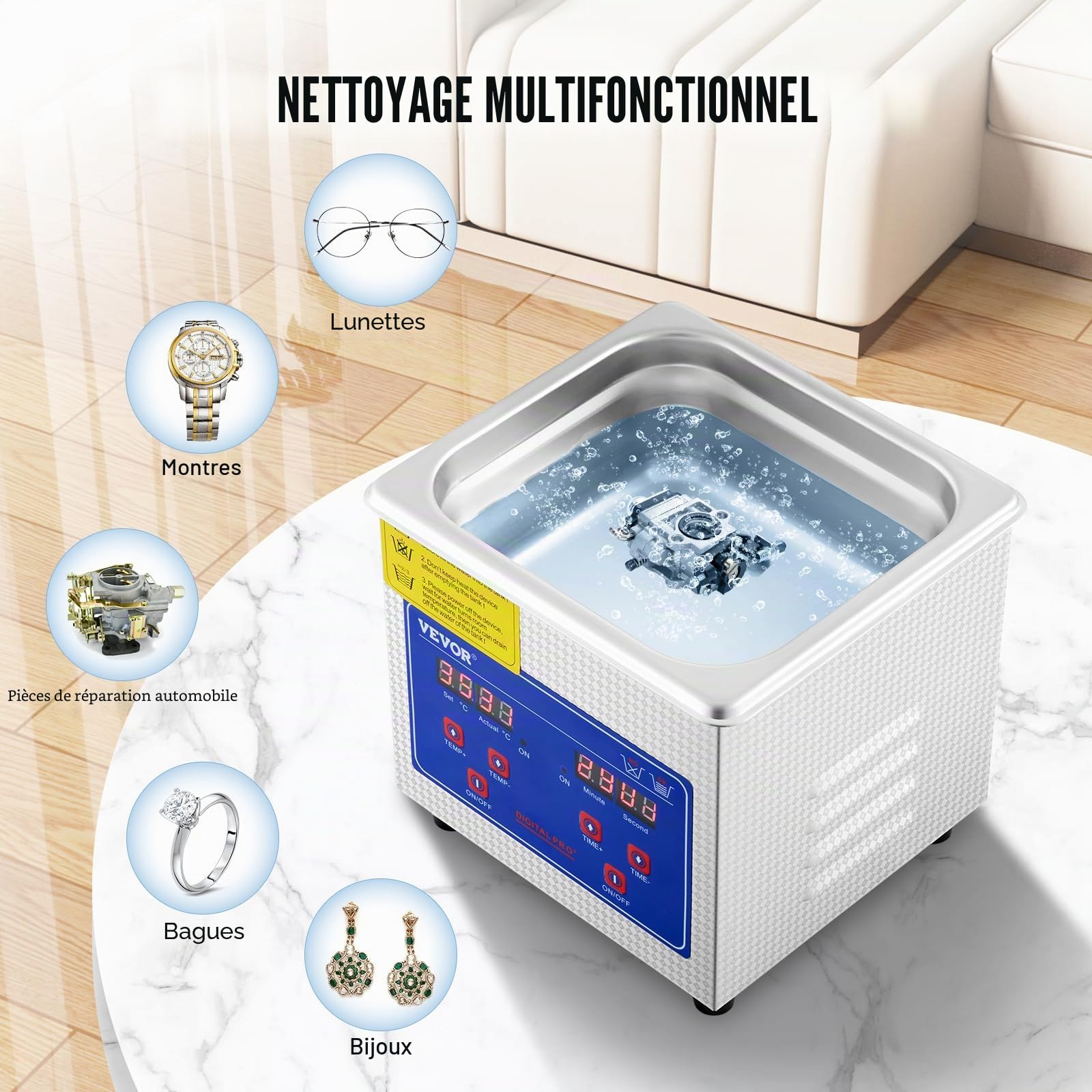 VEVOR Nettoyeur à Ultrasons 1,3 L Machine de nettoyage à ultrasons en acier inoxydable, minuterie de chauffage numérique, nettoyage de bijoux pour usage domestique personnel commercial