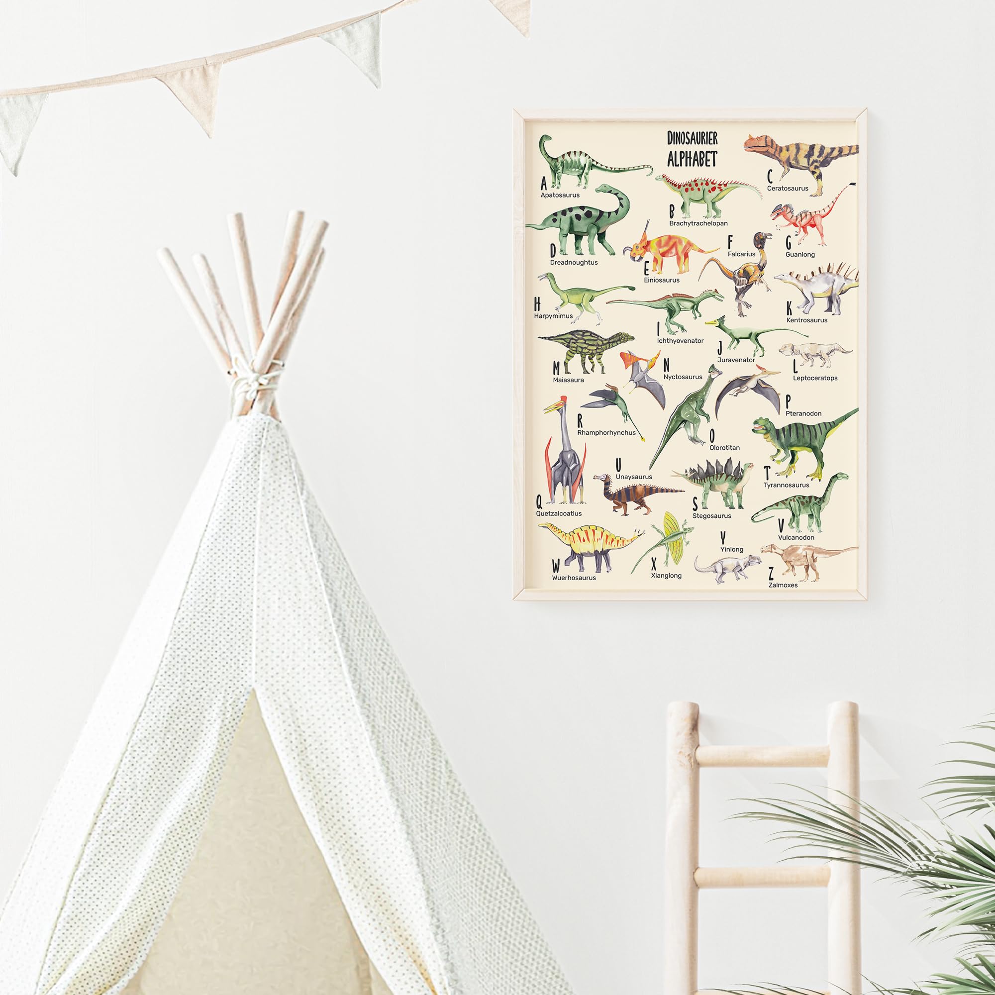 MeinBaby123® ABC Dino plakat do pokoju dziecięcego DIN A2 | plakat z dinozaurem, alfabet, plakat edukacyjny, obrazy do pokoju dziecięcego dla chłopców, dekoracja dinozaura do pokoju dziecięcego
