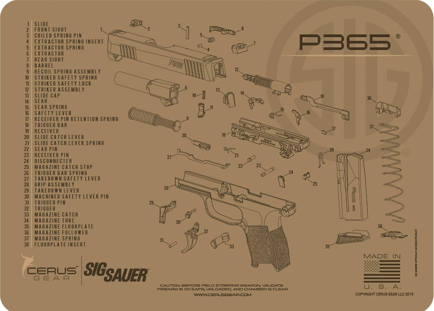 SIG P365 TAN 5 PC EDOG Cerus Gear Schematic (Exploded View) Heavy Duty Pistol Cleaning 12x17 Padded Gun-Work Surface Protector Mat Solvent & Oil Resistant & 3 PC Cleaning Essentials & Clenzoil