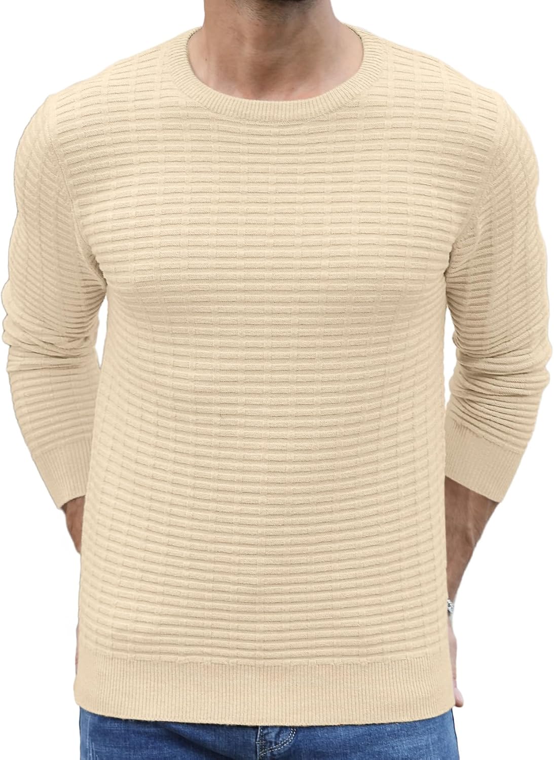 Askdeer Men's Pullover Sweater Cable Knit Crewneck Sweater Casual Long Sleeve Classic Knit Textured Sweater with Ribbing Edge - Image 3