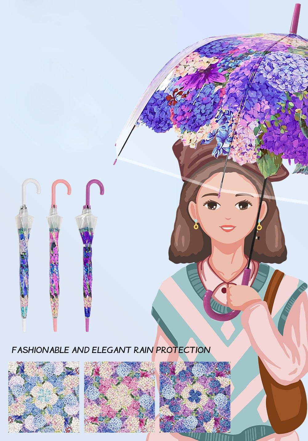 Chesoon Clear Flower Umbrella Automatic Opened Transparent Windproof Ladies Elegant Rain Umbrella for Wedding Party