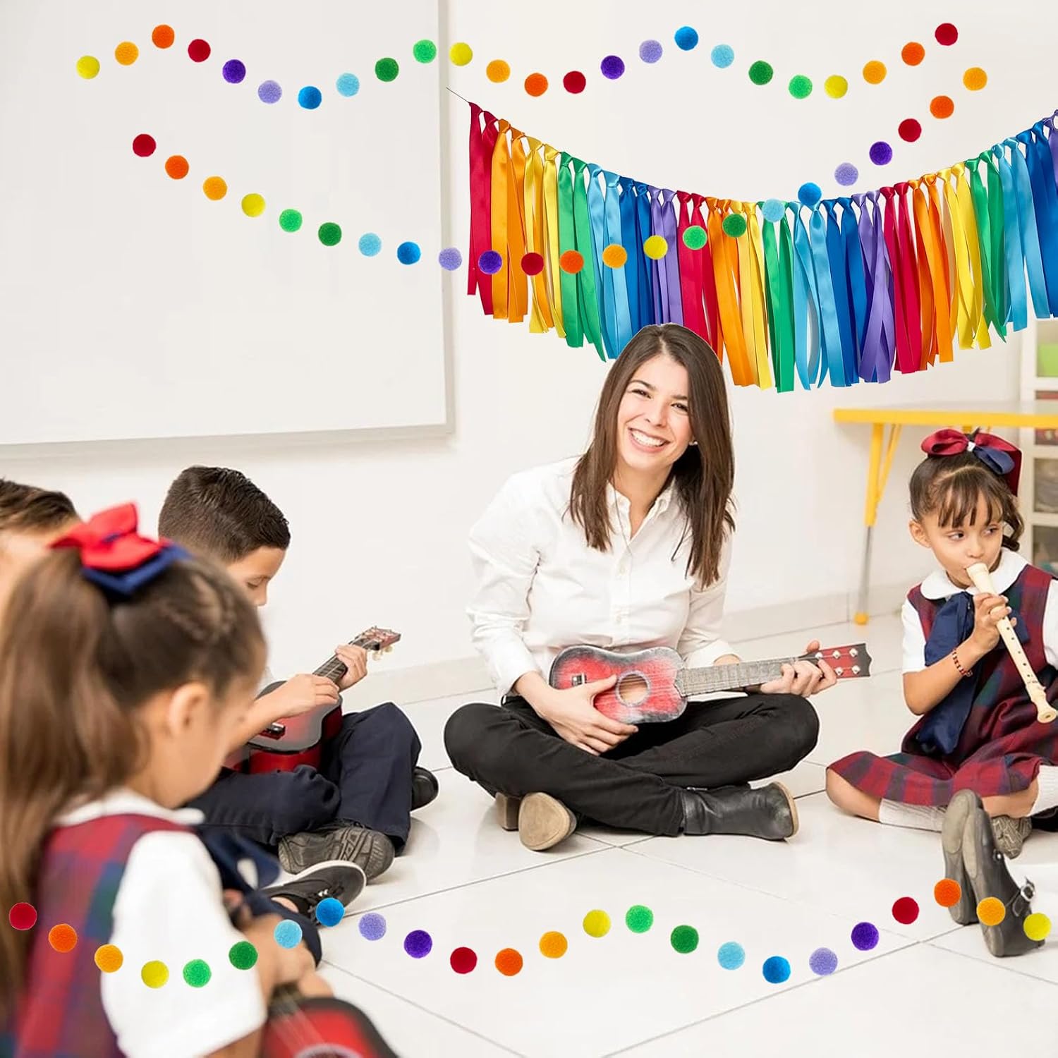 ANSOMO Rainbow Ribbon Felt Ball Garland Fabric Pom Pom Banner Birthday Bridal Baby Shower Pride Colorful Wall Hanging Party Decorations