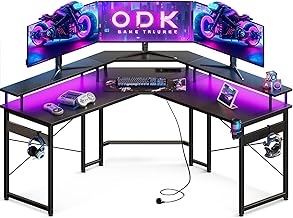 ODK Gaming Table 129 x 129 cm, Gaming Desk with LED, PC Table Gaming with 2 Sockets and 2 USB Charging Ports, Computer Desk with Generous Monitor Shelf, Carbon Fibre Black