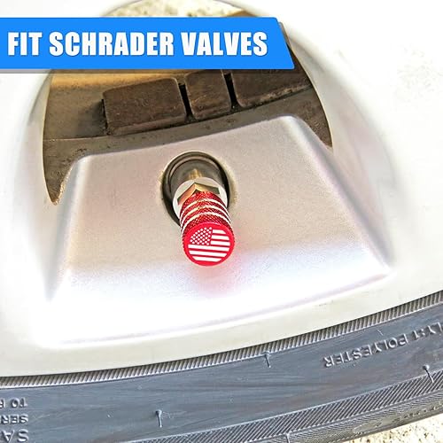 Miniatura 4 de Cubiertas rojas para válvulas de neumáticos, tapas de válvula de aire de metal con forro de plástico con bandera estadounidense, resistentes a la