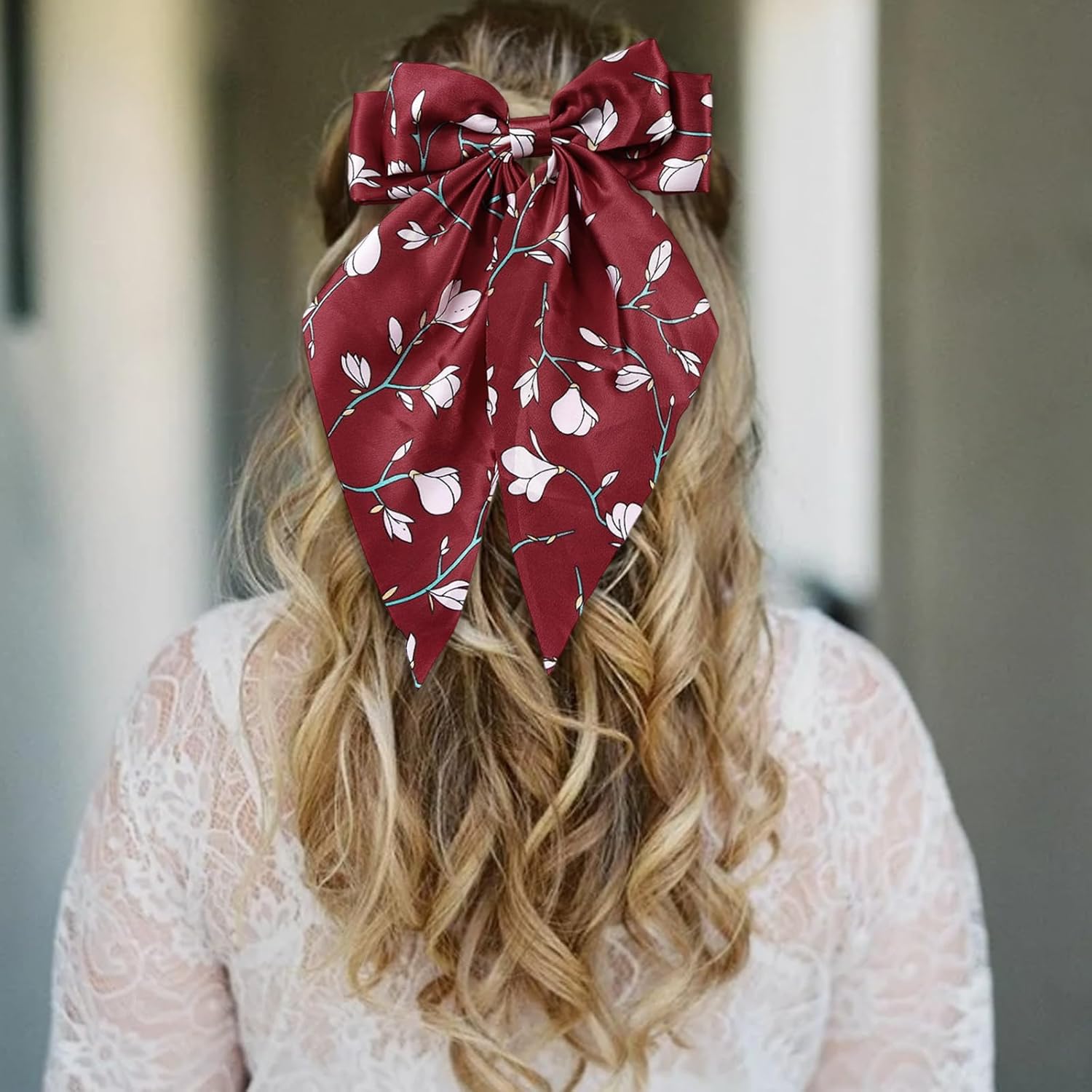 4 Pcs Flower Print Hair Bow Large Hair Bow Clips Long Tail Silk Bowknot Decoration for Women Girls Holiday Birthday Party Accessories - Image 5