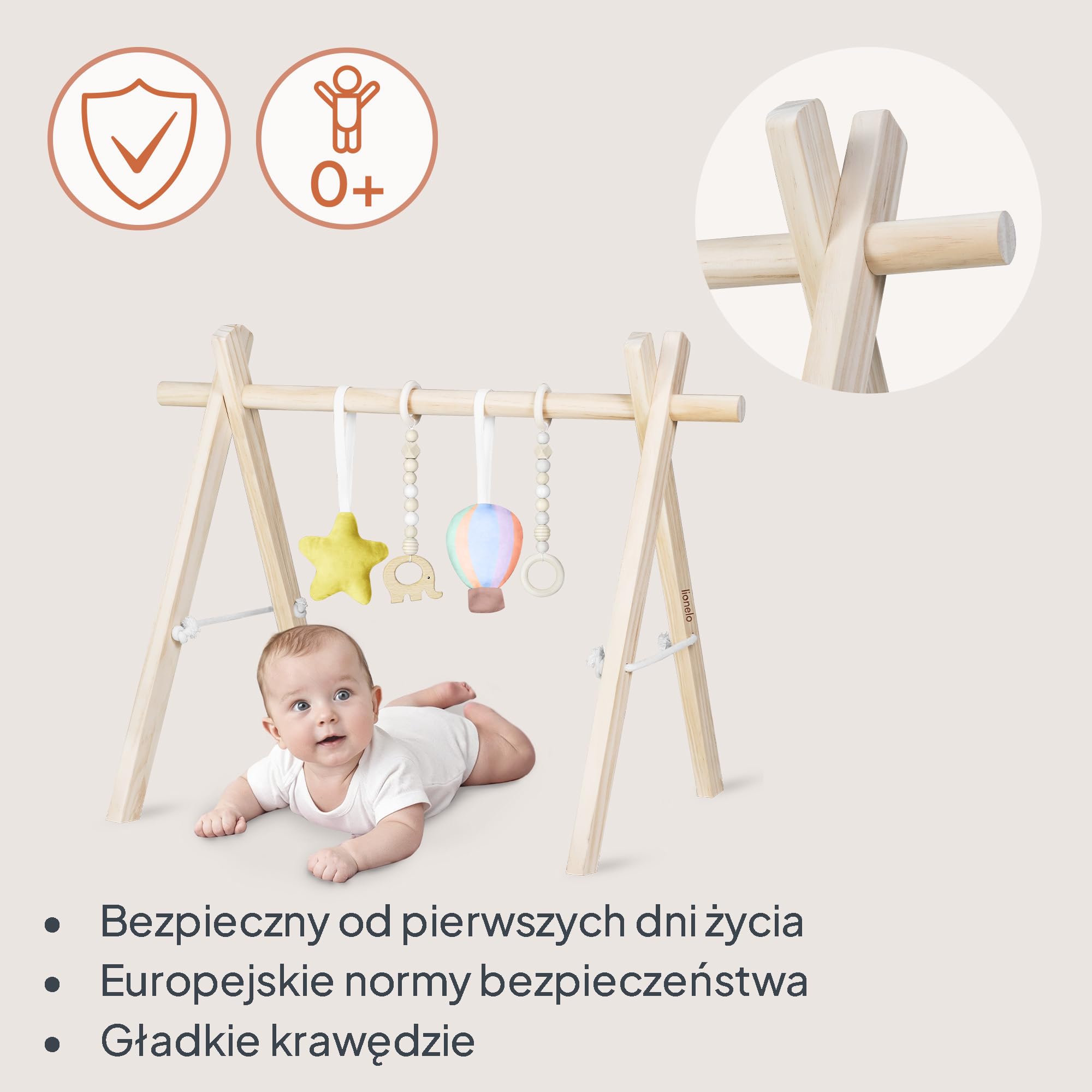 Lionelo Anis Pałąk Edukacyjny Drewniany Baby Gym Montessori, Składany dla Niemowląt, Odpinane Zawieszki, Wspiera Motorykę i Sensorykę, Gładko Szlifowany bez Ostrych Krawędzi, 65 x 45 x 45 cm, 1,2 kg