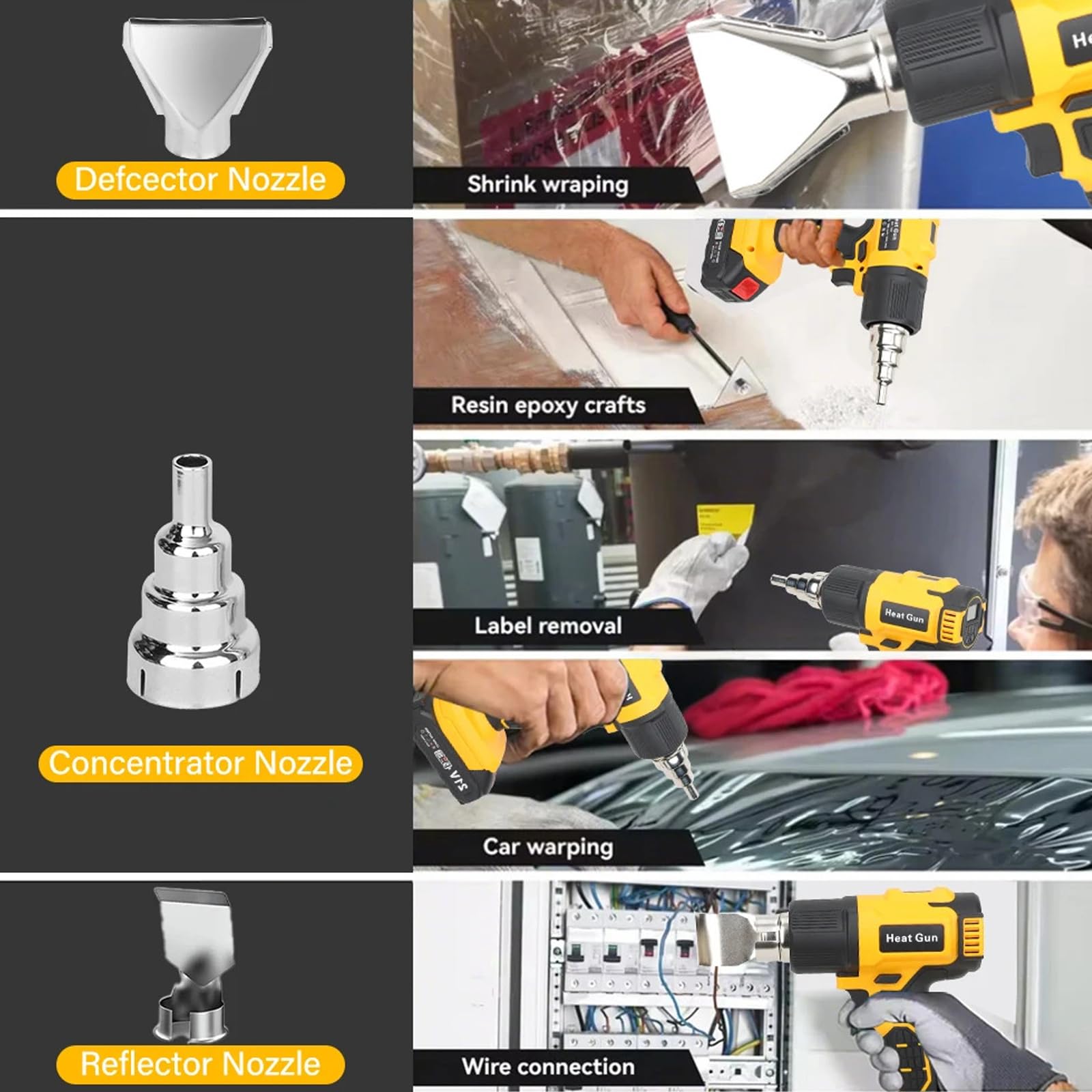 Pistola de calor inalámbrica con 3 boquillas, control de volumen de aire de 6 velocidades, temperatura ajustable de 50 a 500 °C, calentamiento rápido para profesionales y proyectos de bricolaje