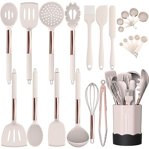 Silicone Cooking Utensil Set, Fungun Kitchen Utensils Set with Copper Handle 24 Pcs Kitchen Gadgets Tools Set, Non-stick Heat Resistant Kitchen Spatulas Set - Khaki…
