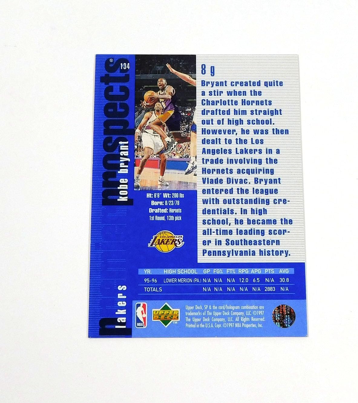 1996-97 Upper Deck SP Basketball #134 Kobe Bryant Rookie Card