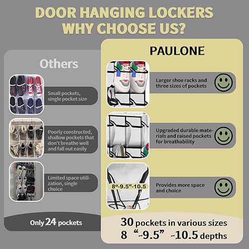 Miniatura 5 de PAULONE Organizador de zapatos sobre la puerta, 30 bolsillos grandes de malla transpirable de varios tamaños, bolsillos grandes de malla