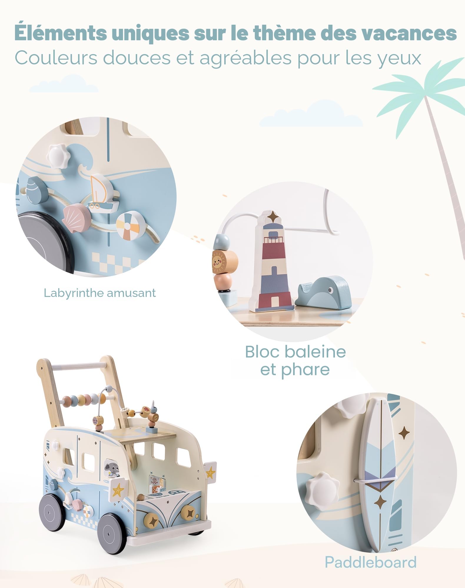 ROBUD Trotteur Bebe en Bois, Multifonction Chariot de Marche Bébé avec Centre d’Activités, Hauteur et Vitesse Réglables, Enfants Jouets Cadeau pour Fille Garçon de 10 Mois à 2 Ans (Bus de Vacances)