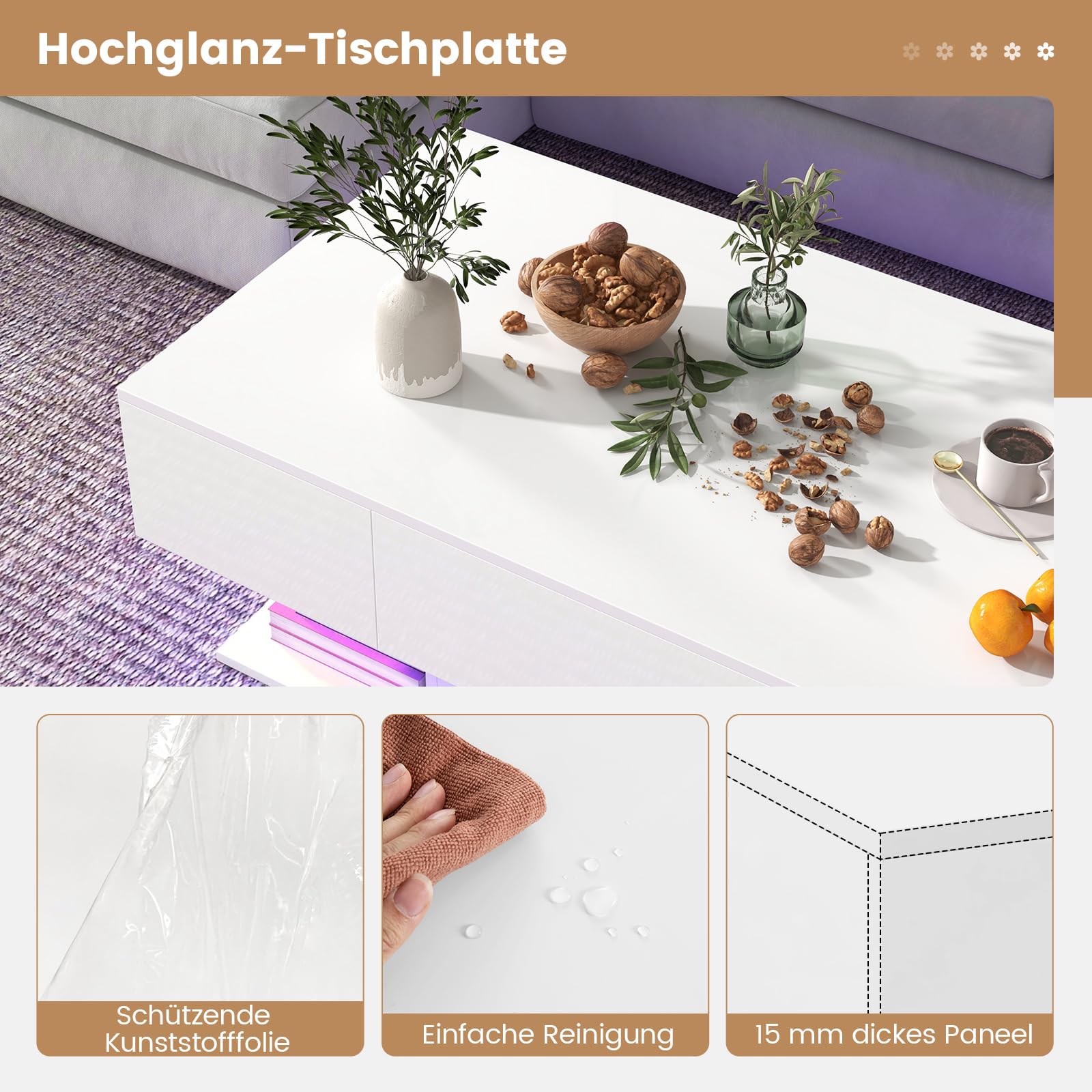 COSTWAY Couchtisch mit LED Beleuchtung, Hochglanz, 20 Farben | Helligkeit einstellbar, Wohnzimmertisch mit 2 Schubladen, Kaffeetisch für Wohnzimmer, inkl. Fernbedienung, 110x60x40 cm (Weiß)