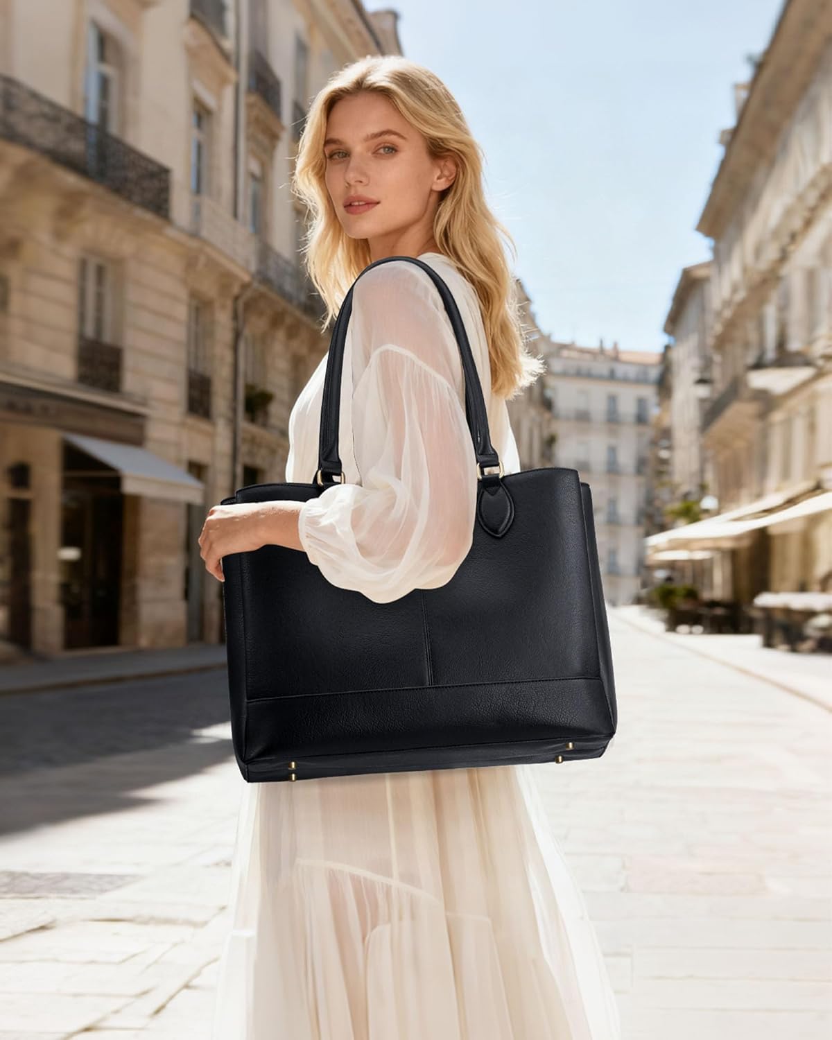 LOVEVOOK Laptop Tote Bag for Women, PU Leather Work Tote Bag with 3 Compartments, Waterproof Computer Bag for Office Travel - Image 2