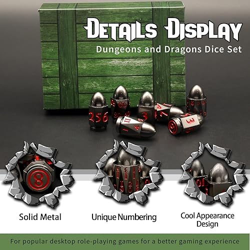 Miniatura 3 de ZHOORQI D6 - Juego de dados de bala, dados de metal DND, dados de pistola D6, regalos para D y D, juegos de rol (7 números rojos)