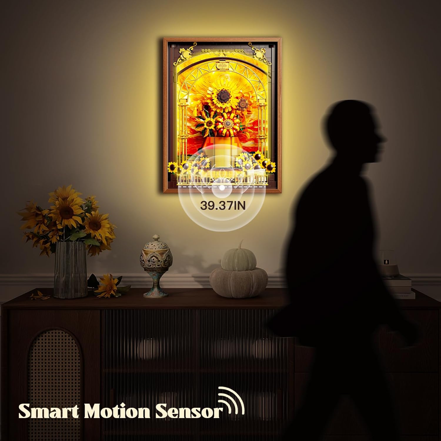 Flowers Sunflower Building Set for Adults 1218PCS with Smart Motion Sensor Lights Wall Art Home Decor Frame 2-in-1 Standing Display Lego Compatible Creative Botanical Gift for 14+ Women Men