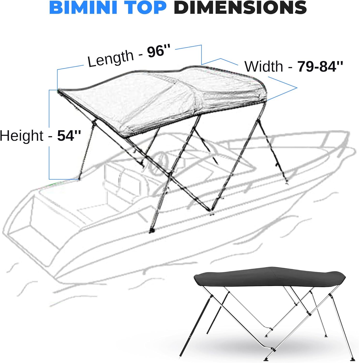 SereneLife 4 Bow Bimini Top Boat Cover – 96" L x 79-84" W x 54" H, Waterproof & UV-Resistant, Easy Install with Front Straps, Rear Support Arms & Free Storage Boot (Gray)