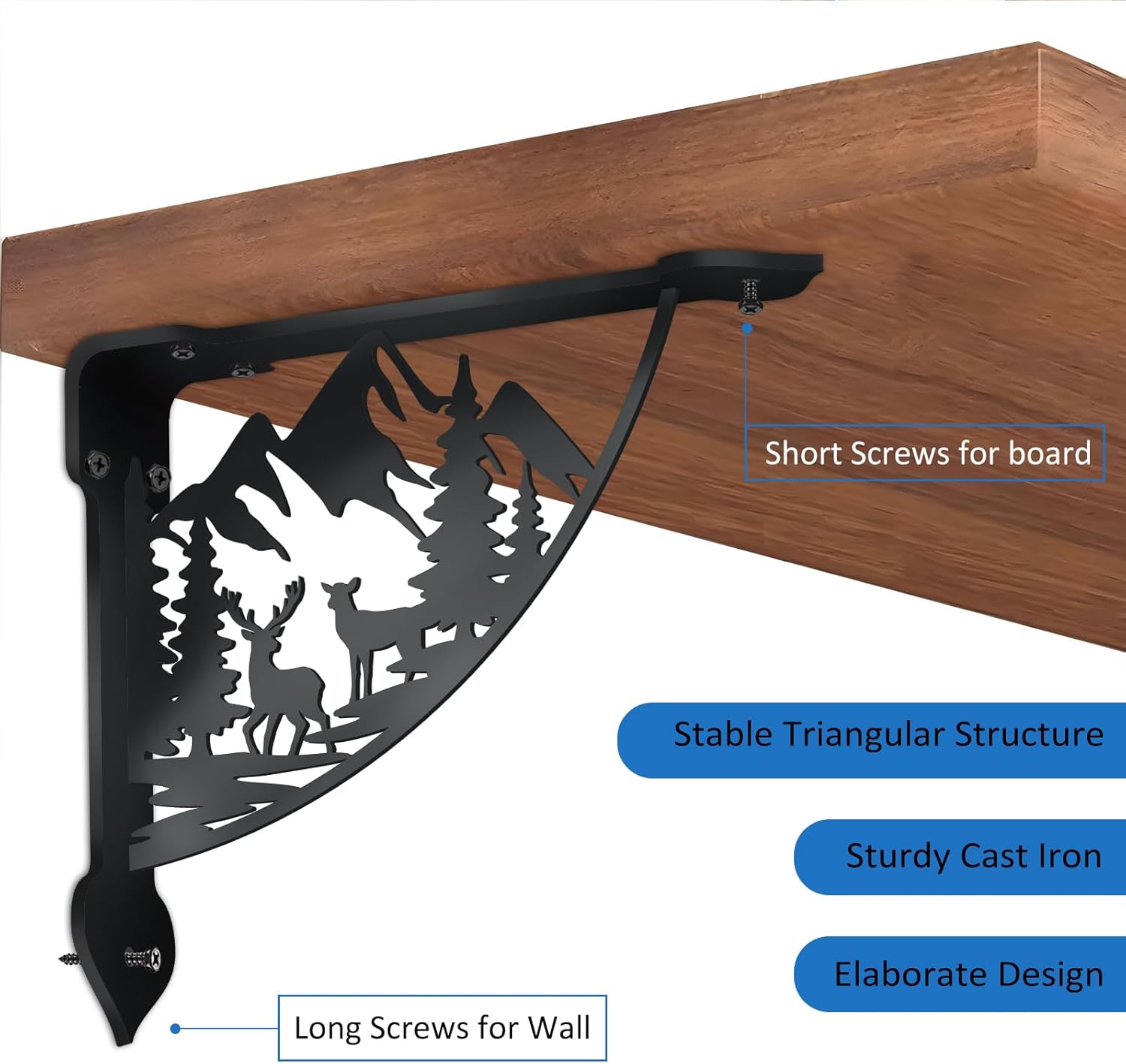 SUPERDANT 2 Pack Forest Deer Shelves Brackets Heavy Duty Decorative Shelf Bracket Black Iron Wall Shelf Brackets for Home Kitchen Bookshelf Fireplace Sturdy Corbels Metal Corner Brace 8.3x6.8in