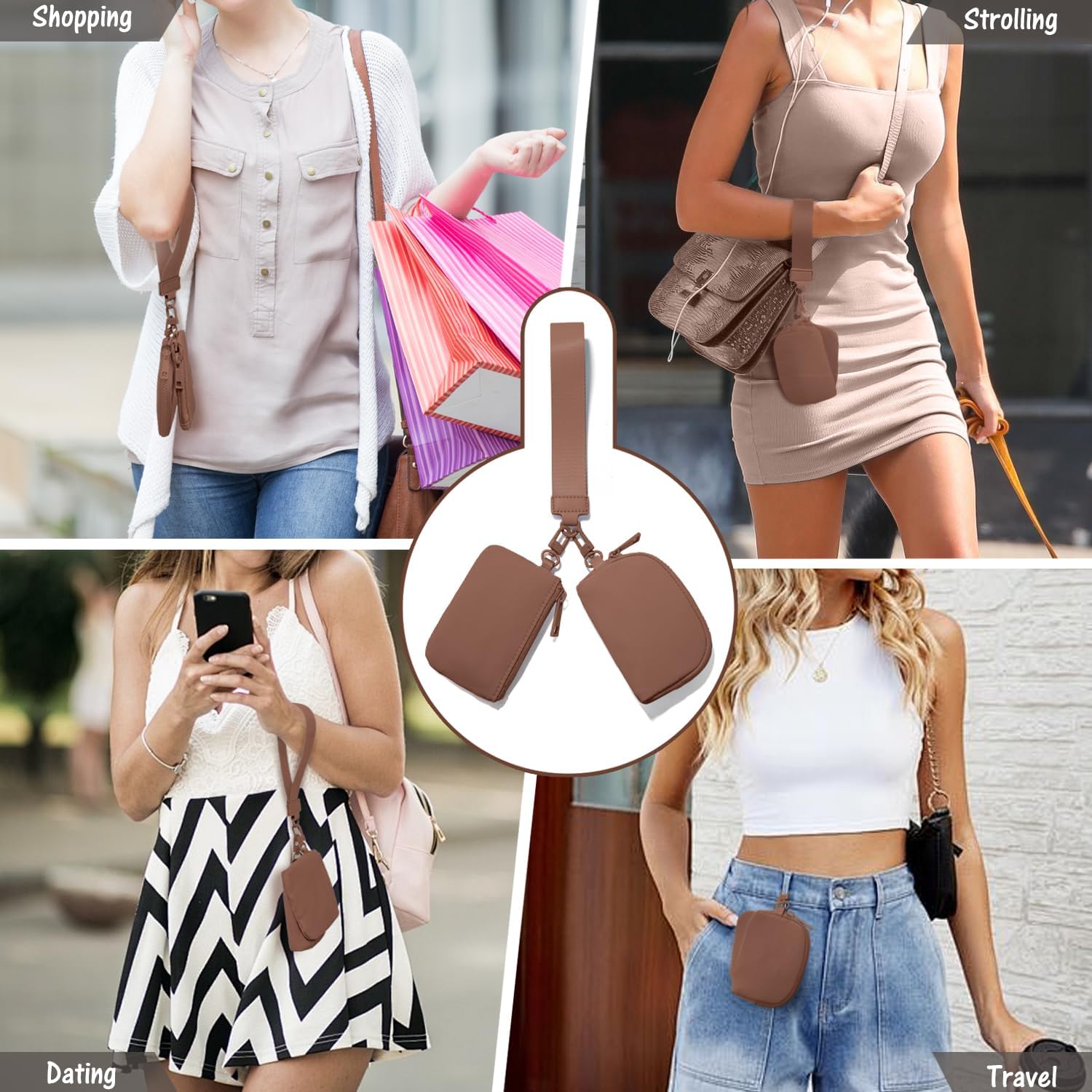 Mini Zip Around Wristlet Wallets for Women Small Portable Coin Purse Dual Pouch Keychain Wristlet Gifts for Women Travel Sports Outdoors (Brown) - Image 7