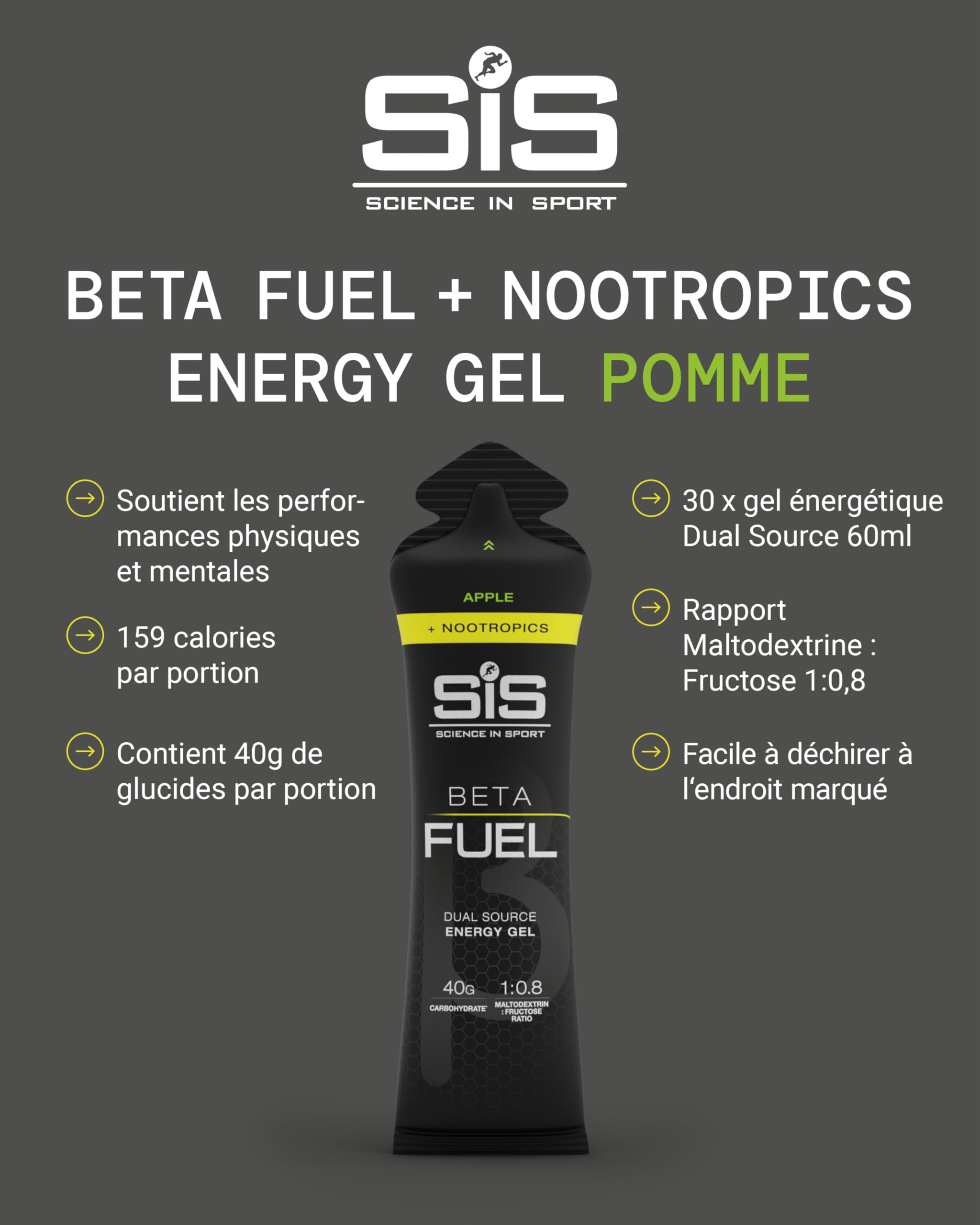 Science in Sport BETA Fuel + Nootropics Manzana 30x60ml – Energy formula rico en carbohidratos con 40g de hidratos de carbono para deportes de resistencia