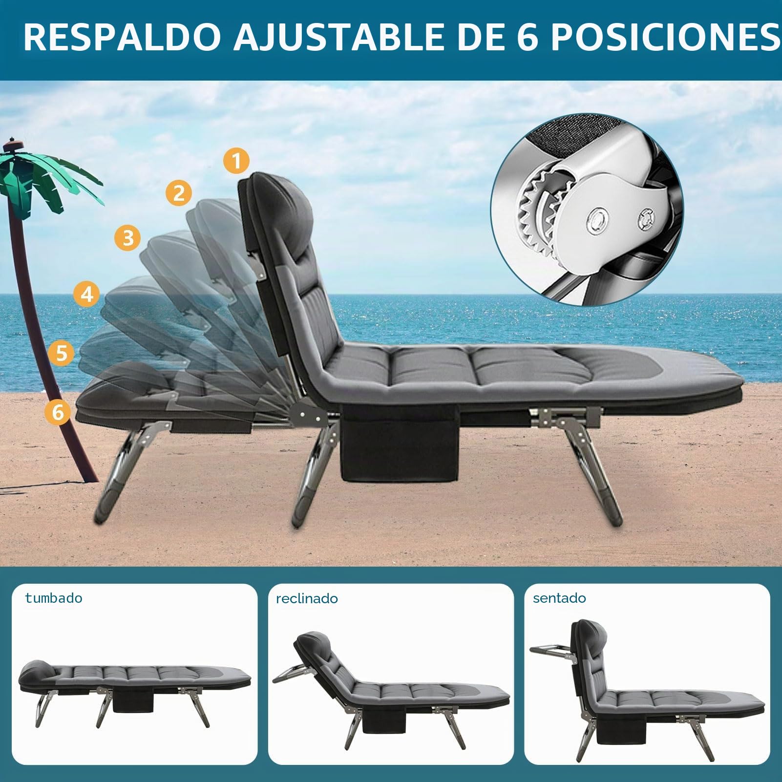 Cama de camping plegable XXL, tumbona de camping, extra ancha, 190 x 65 x 30 cm, cama de camping plegable ligera, tumbona de jardín de 6 posiciones, respaldo ajustable, tumbona para carpas para