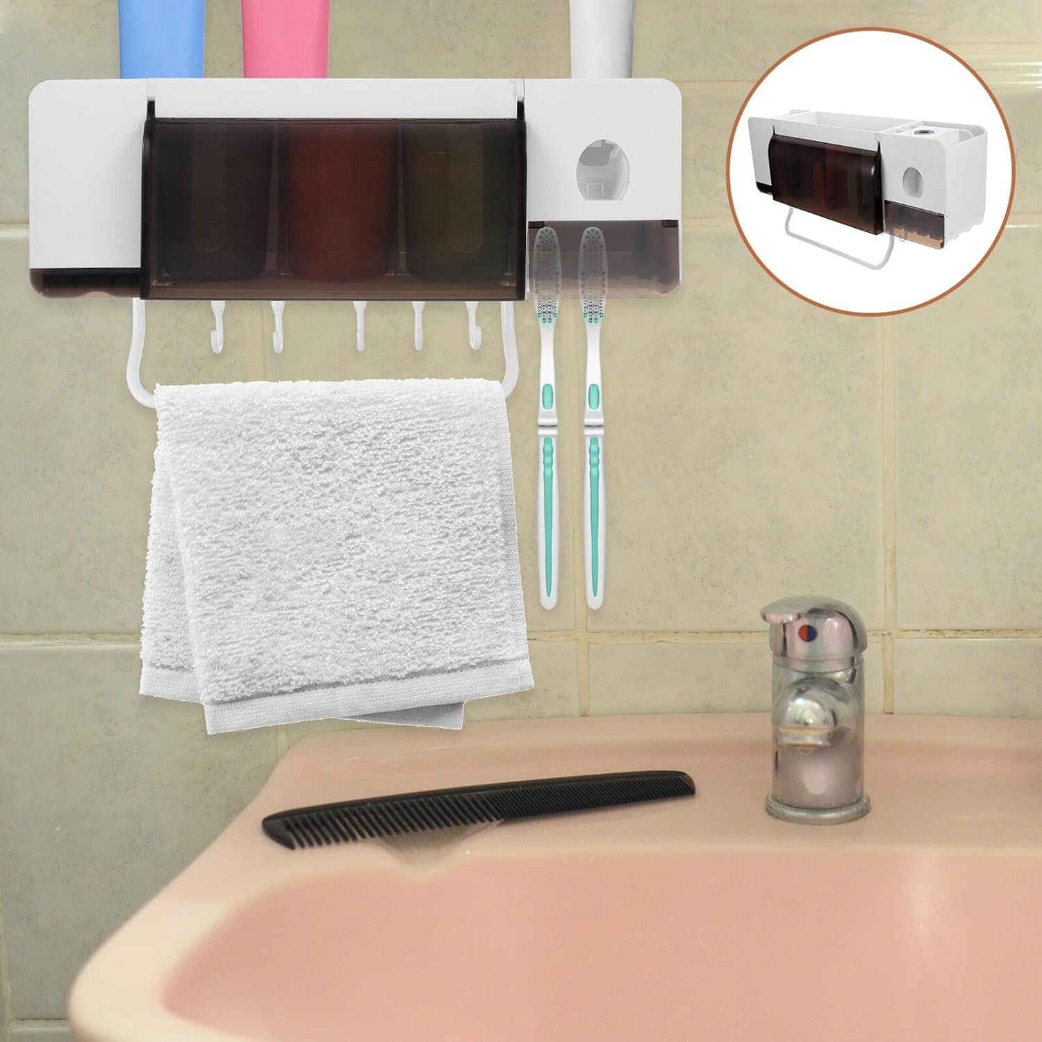Multi-functional Suction Toothbrush Holder with Toothpaste Shelf and Cup Storage Wall-mounted Bathroom Organizer Rack Abs Space-saving Design for Washroom and Shower Use