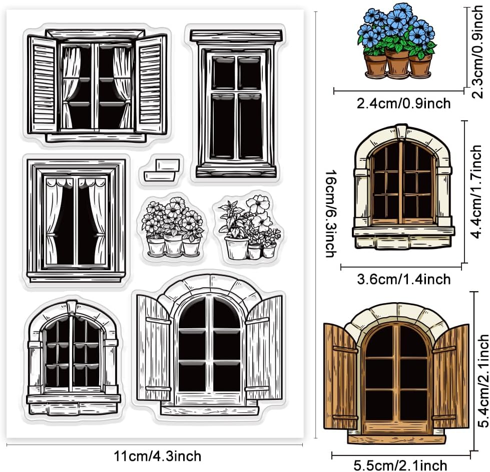 CHGCRAFT Vintage Windows Potted Plants Clear Stamps Custom Silicone Clear Stamps Seal Stamps for DIY Scrapbooking Photo Album Decorative Cards Making, Window, 6.3X 4.33x 0.12inch
