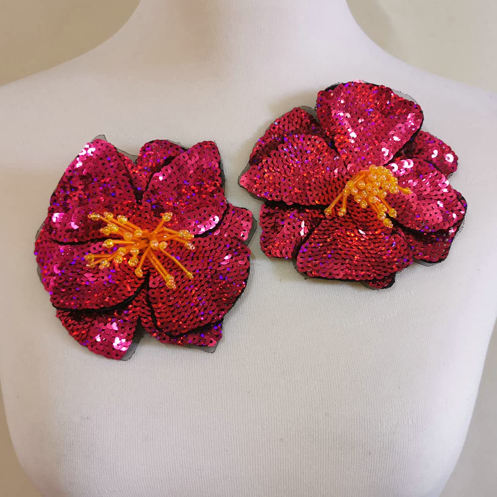 FEEPOP 2 pcs Blue/Gold/Green Sequins Patch DIY Flower Beaded Patches for Clothes Sew On Paillette Embroidered Patch Motif Applique (Rose red)