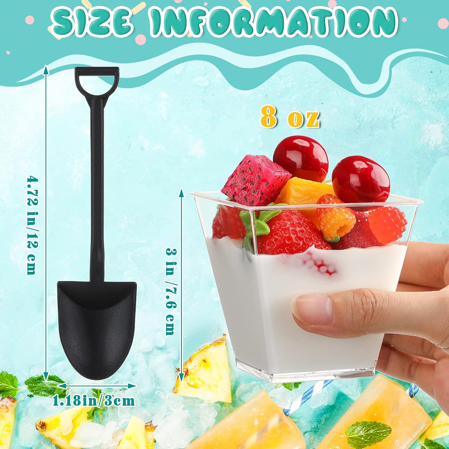Cunhill 100 Pcs Square Dessert Cups with Lids Shovel Spoons Clear, 8 Oz