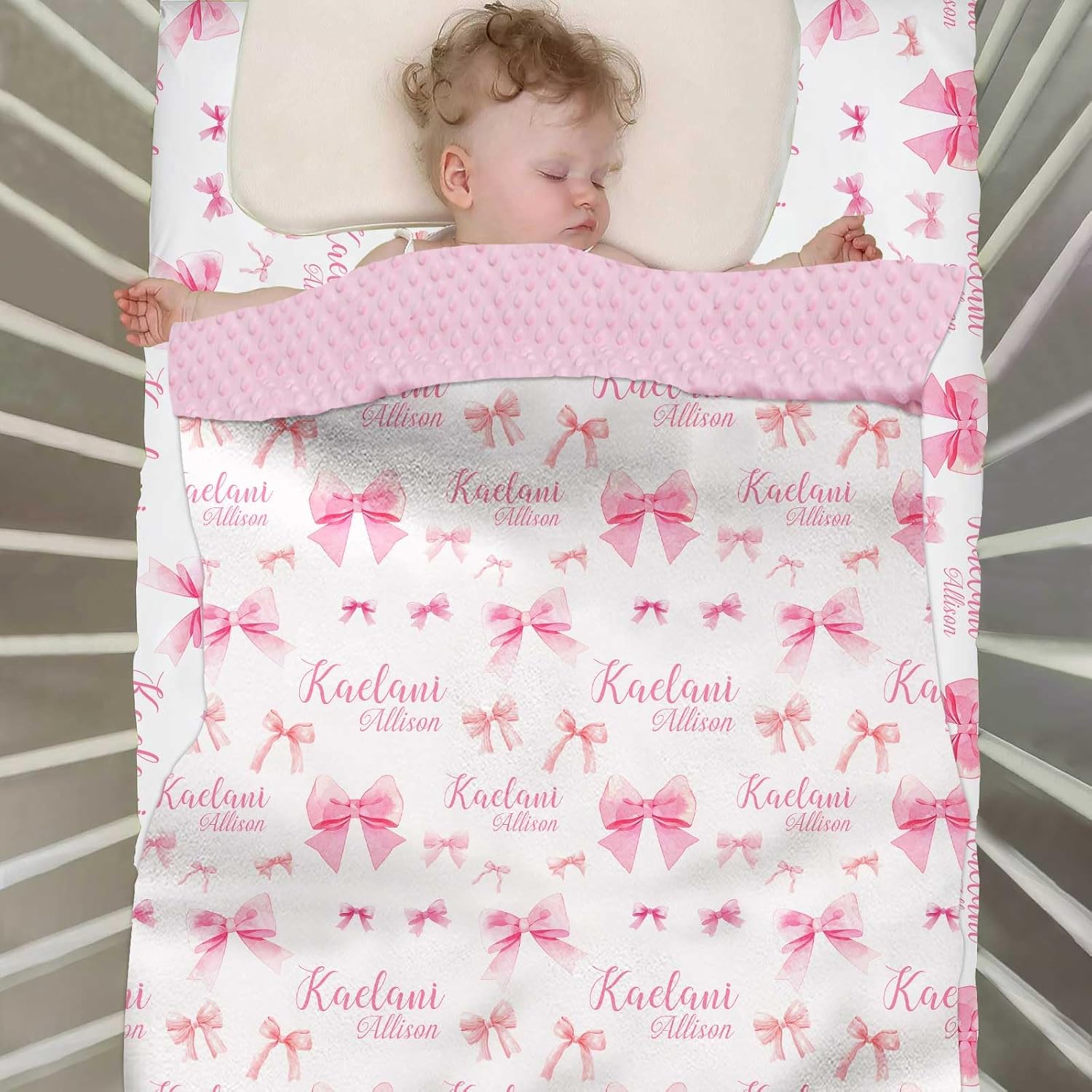 Custom Baby Girl Crib Bedding Set – Personalized Pink Bow Nursery Bedding with Name, 2 Piece Set Includes Crib Minky Blanket & Fitted Sheet for Newborns and Infants