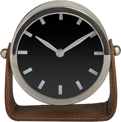 Deco 79 Reloj de acero inoxidable con soporte de cuero, 6" x 3" x 6", plateado